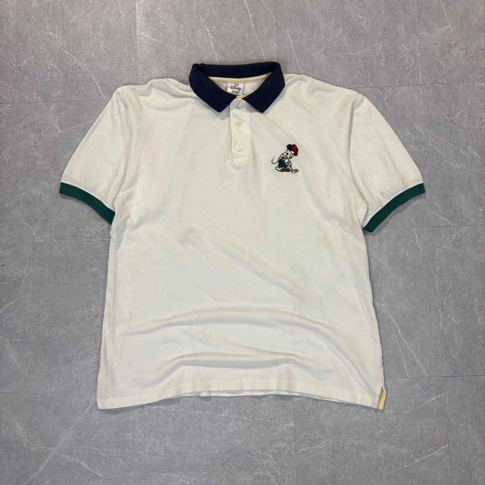 Vintage Disney Store Mickey Mouse Golf Polo Shirt White Navy Green XL 4454
